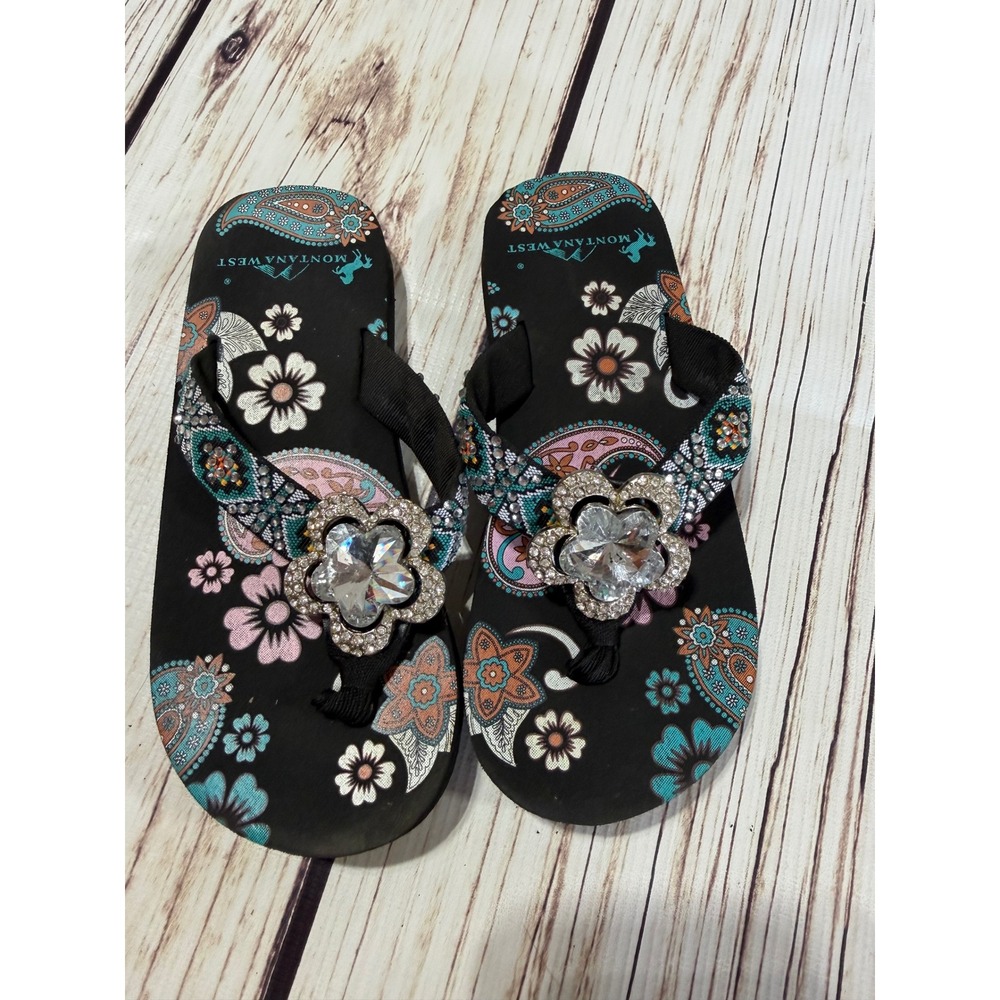 Montana West Girls Paisley Floral Rhinestone Flower Flip Flops Black Size 13/1